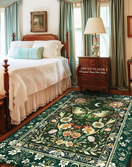 May include: A dark green rectangular rug with a floral and butterfly design. The rug features a large moth in the center, surrounded by flowers and a crescent moon. The rug is in a bedroom setting.