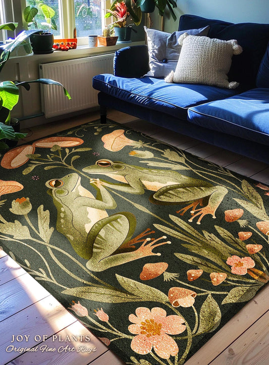Woodland Whimsy Cottagecore Accent Rug | Boho Floral Bedroom Aesthetic Fairycore Frog Area Rug Botanical Folklore Scandinavian Toadstool