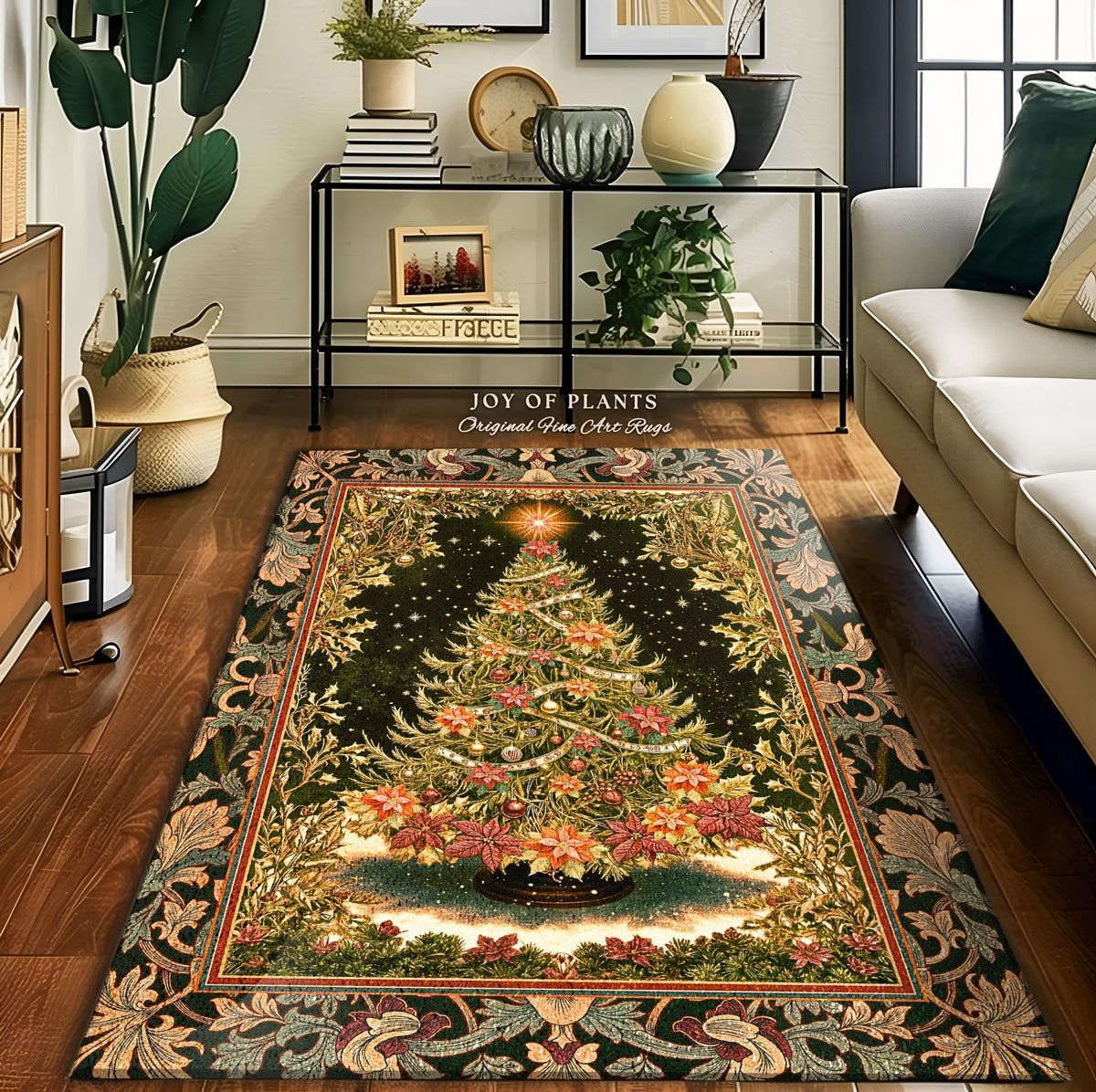 May include: A rectangular area rug featuring a Christmas tree design. The tree is decorated with ornaments and poinsettias, set against a dark green background with a star at the top. The rug has a decorative border with floral patterns.