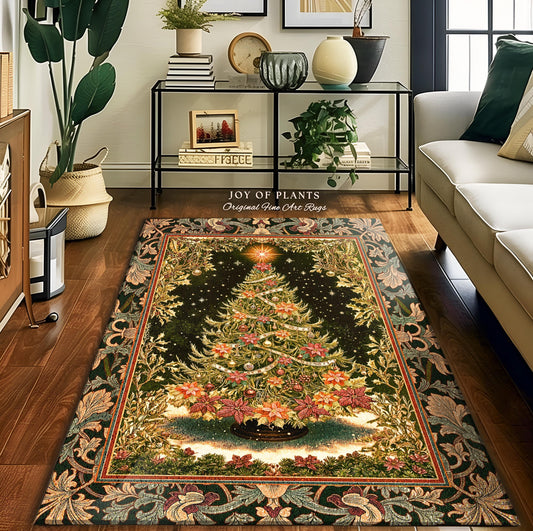 May include: A rectangular area rug featuring a Christmas tree design. The tree is decorated with ornaments and poinsettias, set against a dark green background with a star at the top. The rug has a decorative border with floral patterns.