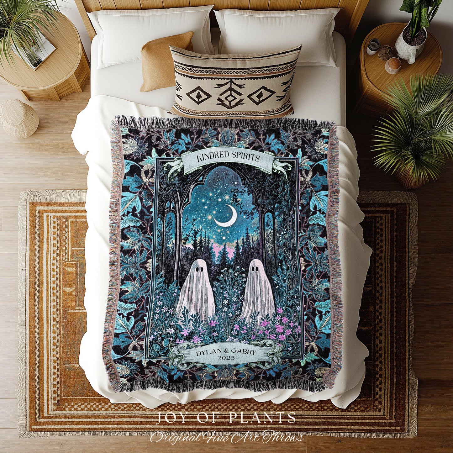 Kindred Spirits Ghost Couple Blanket Personalized Soulmate Gift | Whimsical Moonlit Wildflower Romance Custom Celestial Anniversary Keepsake