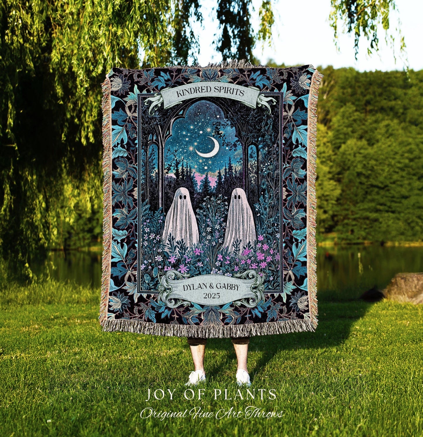 Kindred Spirits Ghost Couple Blanket Personalized Soulmate Gift | Whimsical Moonlit Wildflower Romance Custom Celestial Anniversary Keepsake