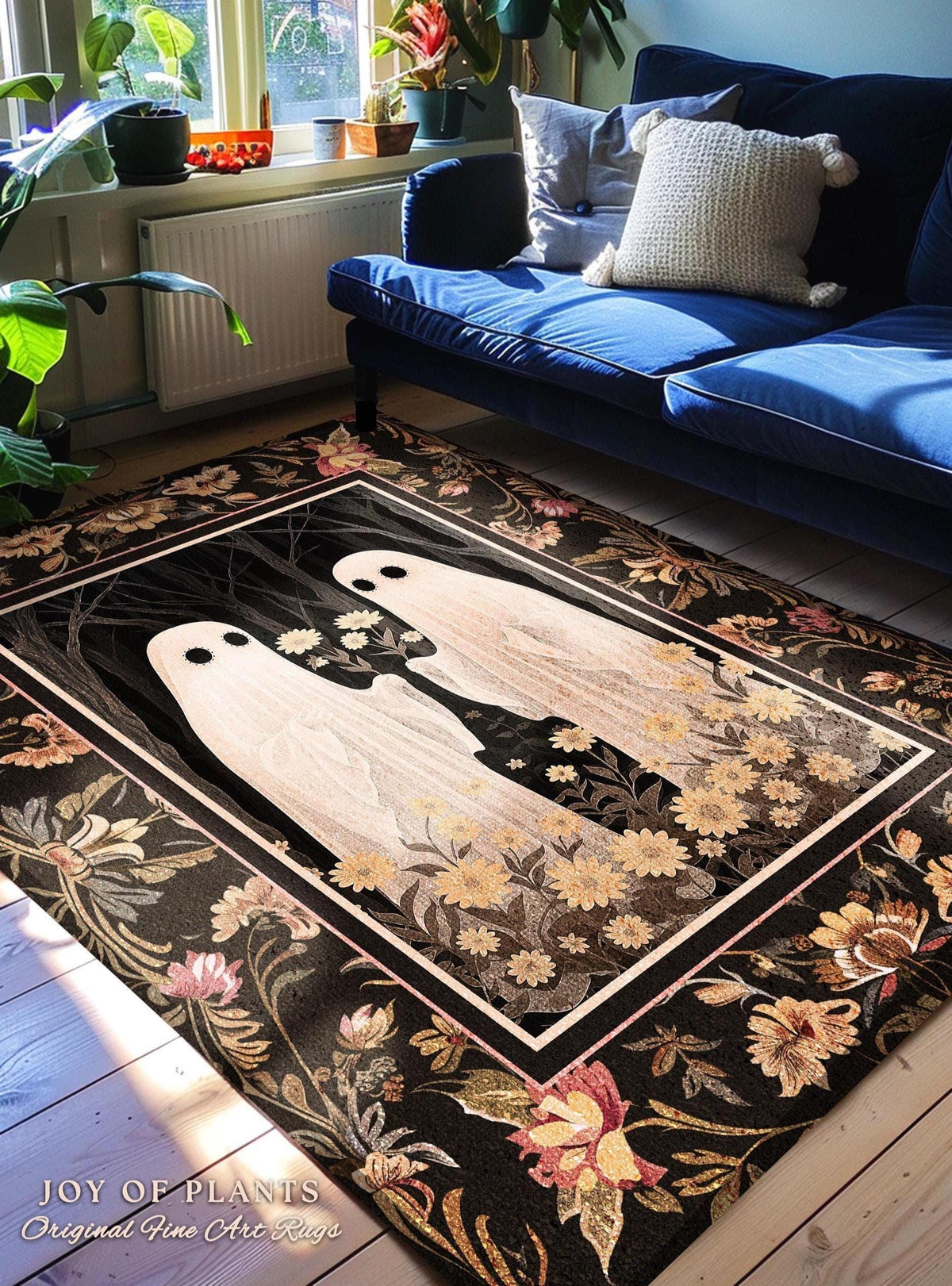 Spooky Floral Ghost Rug Dark Academia Art Decor | Boho Mystical Enchanted Forest Ghost Friends Gift Whimsigothic Rug Dark Cottagecore Decor