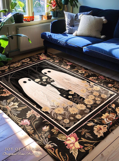 Spooky Floral Ghost Rug Dark Academia Art Decor | Boho Mystical Enchanted Forest Ghost Friends Gift Whimsigothic Rug Dark Cottagecore Decor