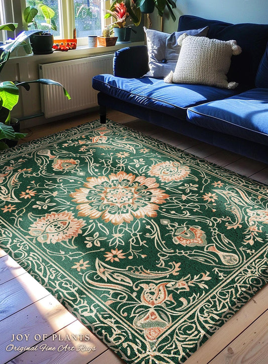 Statement Rug for Living Room | Emerald Green Aesthetic Maximalist Room Decor Classic Ornate Victorian Rug Nordic Accent for Elegant Bedroom